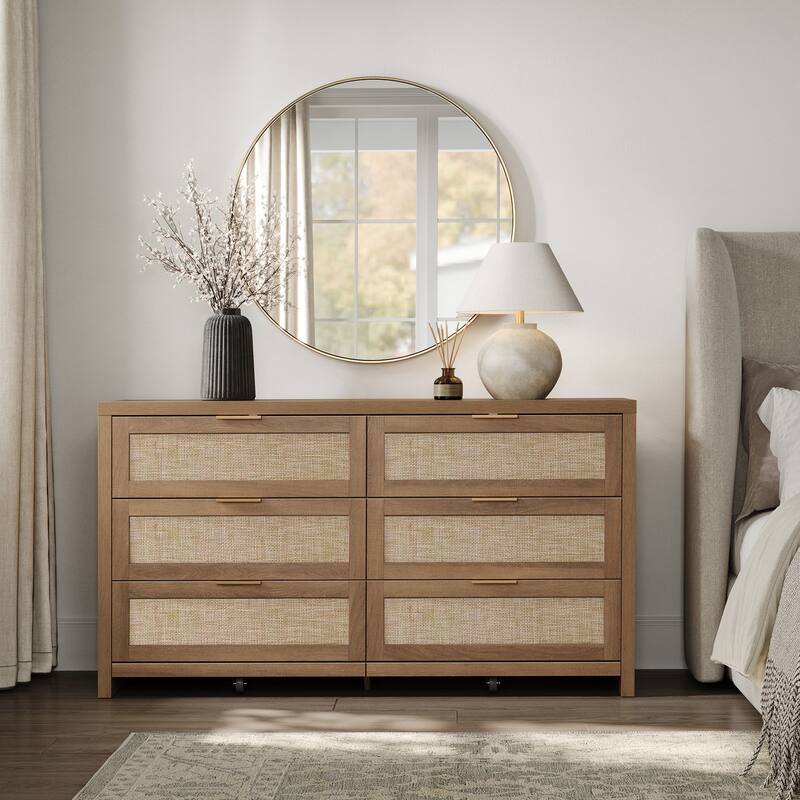 Elegant Right Angled Dresser with 6 Rattan Woven Drawers