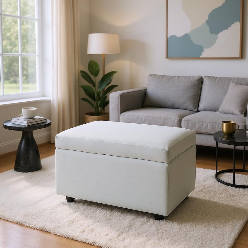 Fabric Storage Ottoman with Hidden Compartment - Beige - Linen-Textured