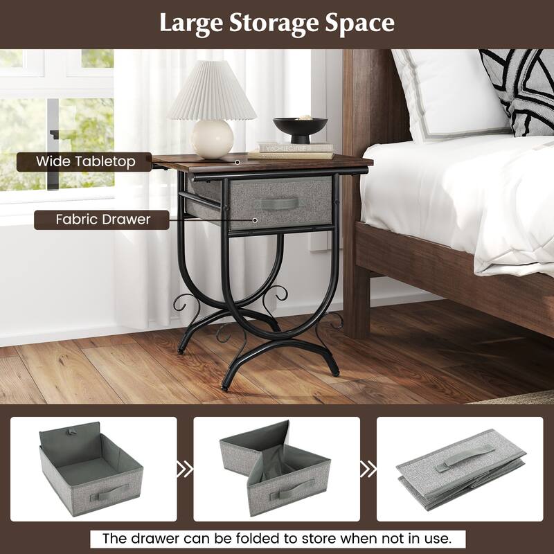 Rustic Wood Side Table with Metal Frame and Grey Fabric Drawer for Bedroom Living Room Storage - 19" x 14" x 21"
