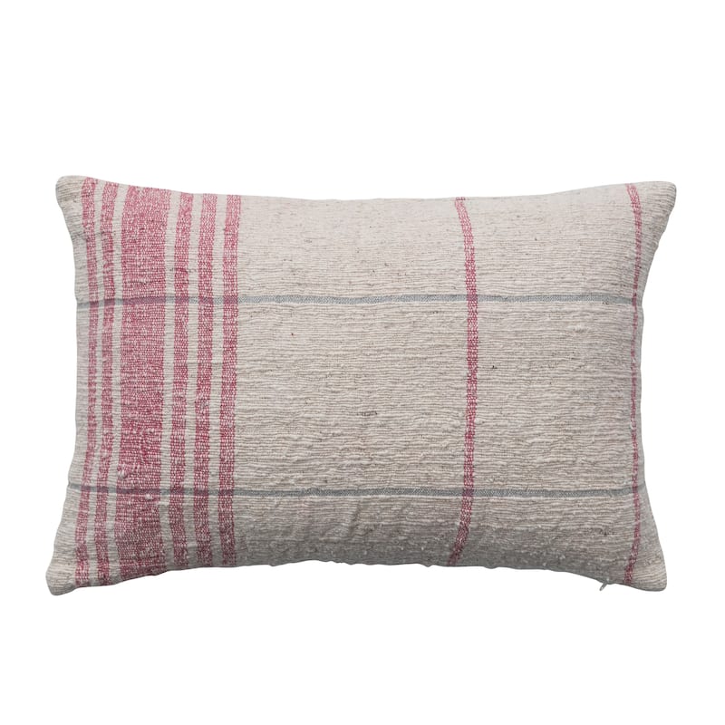 Woven Cotton Slub Lumbar Pillow with Grid Pattern - 24.0"L x 16.0"W x 0.3"H - Natural