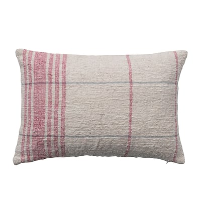 Woven Cotton Slub Lumbar Pillow with Grid Pattern - 24.0"L x 16.0"W x 0.3"H