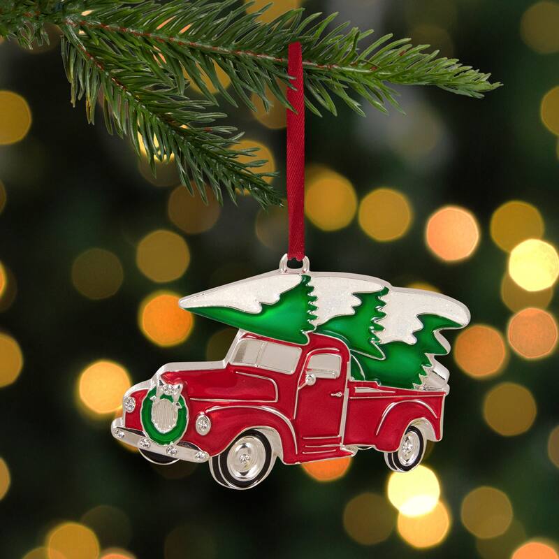Country Pick Up Truck with European Crystals Christmas Ornament - 3.5" - Red and Green - 2.75"