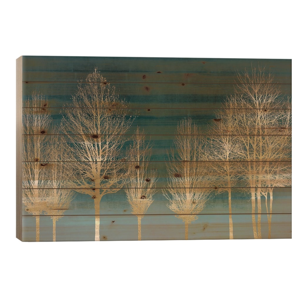 Gold Forest On Teal Print On Wood by Kate Bennett - Multi-Color
