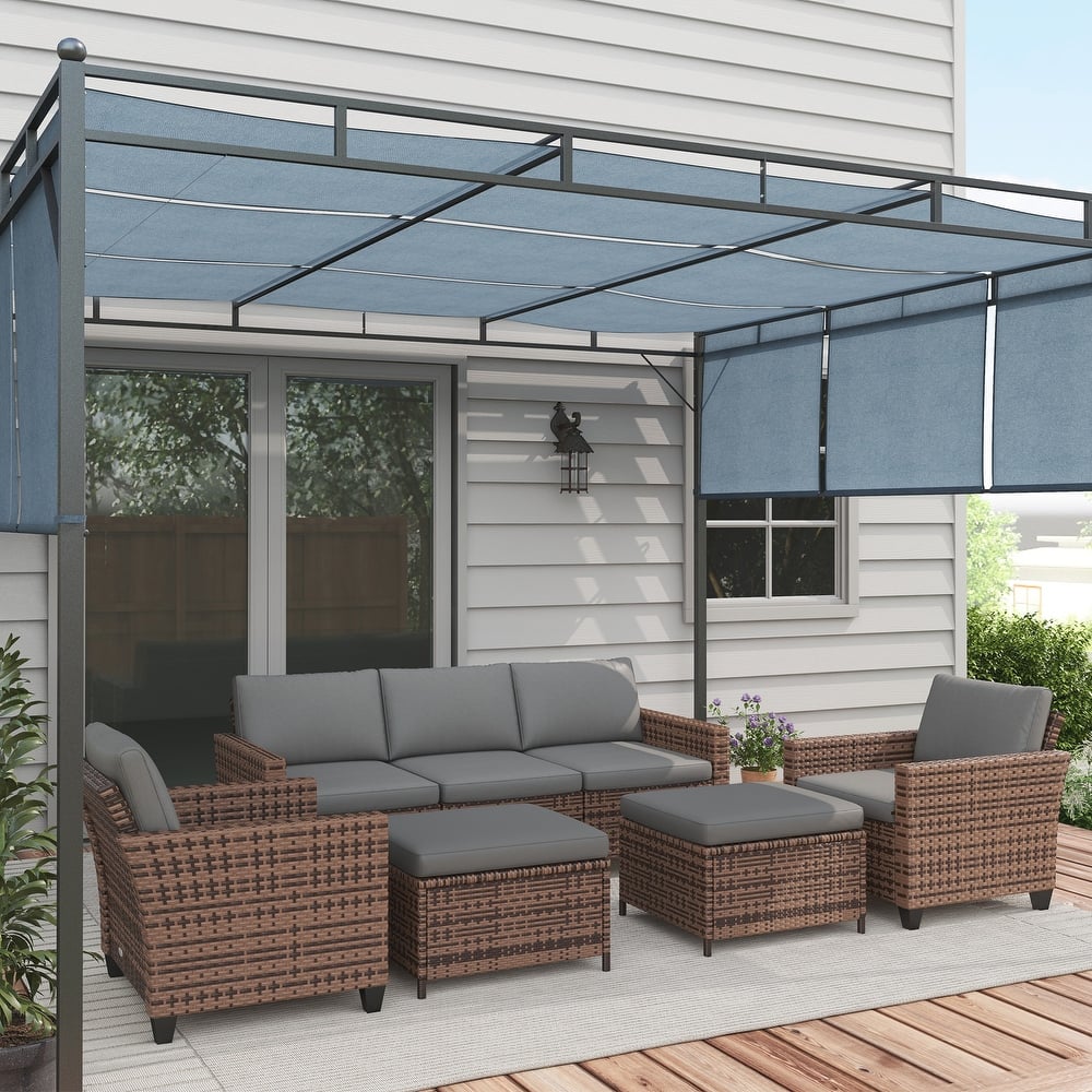 Outsunny 5 Piece Patio Furniture Set with Cushions, Outdoor Conversation Set with Rattan Three-Seater Sofa, Chairs & Footstools