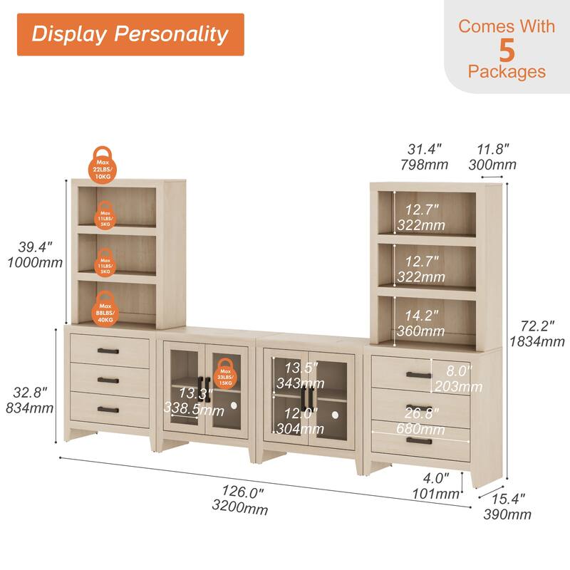 WAMPAT Farmhouse Entertainment Center with Bookshelves, Modular TV Stand with Drawers & Glass Doors - 126"W x 72.2"H x 15.4"D