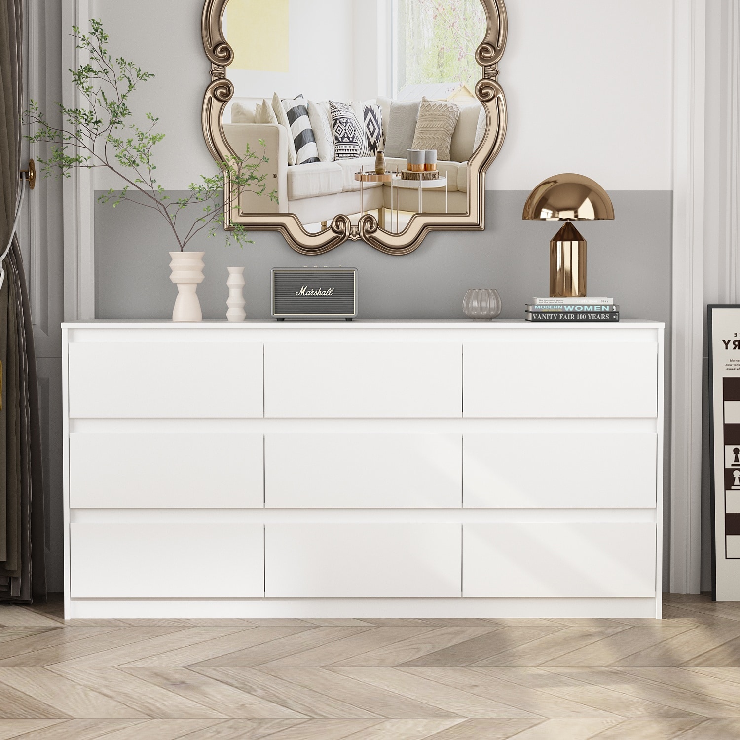 white dresser for women FOTOSOK Dresser, Chest of Drawers, Modern 6 Drawer Nursery Dressers white finish Timechee Grooved Handle Wood Dresser