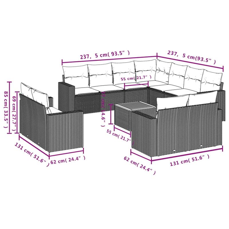 vidaXL Patio Sofa Set with Cushions Outdoor Furniture 12 Piece Poly Rattan - 21.7 x 21.7 x 14.6
