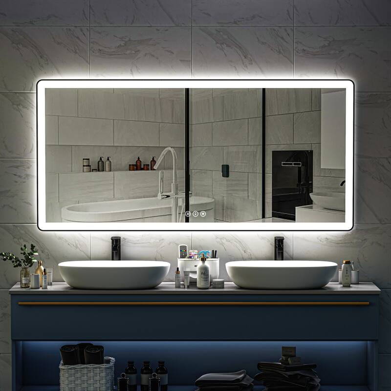 TOOLKISS Black Frame Anti-Fog Dimmable LED Light Vanity Bathroom Mirror with Backlit and Front Light