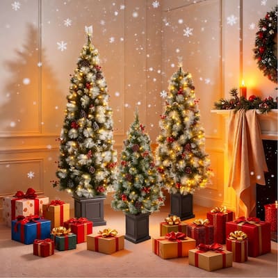 4FT & 5FT & 6FT Pre-Lit Artificial Christmas Tree Set with Warm White Lights Xmas Decorations by Glitzhome