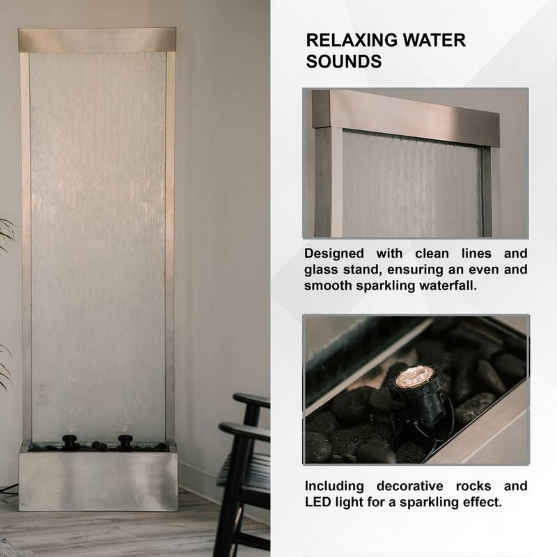 XBrand 72" Steel/Glass Free-Standing Waterfall Fountain w/ Pump, LED Lights and Rocks