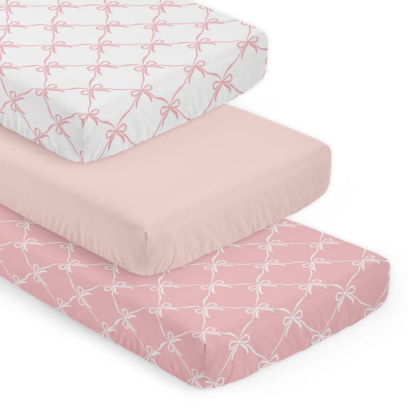 Sweet Jojo Designs Pink Bows Girl 3 Pack Fitted Crib Sheets - Solid Blush & Elegant Bow for Ballerina Ballet Princess Collection