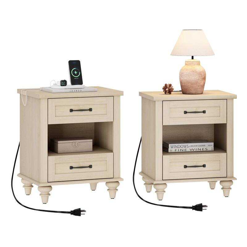 Farmhouse Nightstand Bedside Table, Wood 2-Drawer Side Table - Beige - 4-drawer