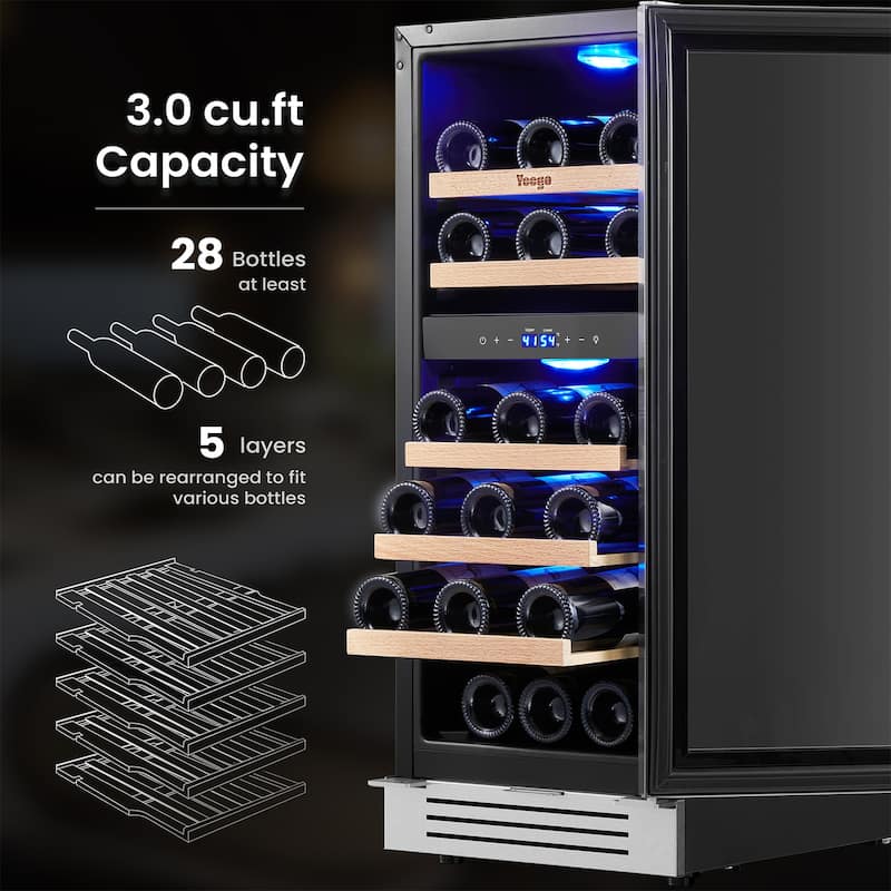 15 Inch Wine/Beverage Refrigerator Cooler 28 Bottles TWO Zones Built-in/Freestanding Wine Rack