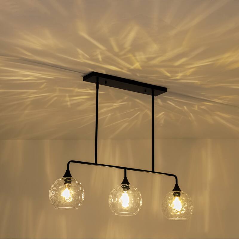 3-Light Modern Black/Brushed Gold Linear Chandelier for Kitchen Island with Clear Textured Glass Globe Shades