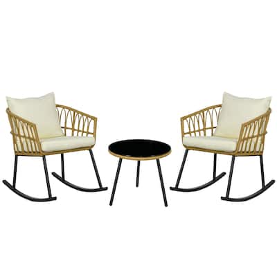 3 Piece Bistro Set with Cushions, Outdoor PE Rattan Wicker Patio Rocking Chair with 2 Porch Rocker Chairs, Glass Top Cof