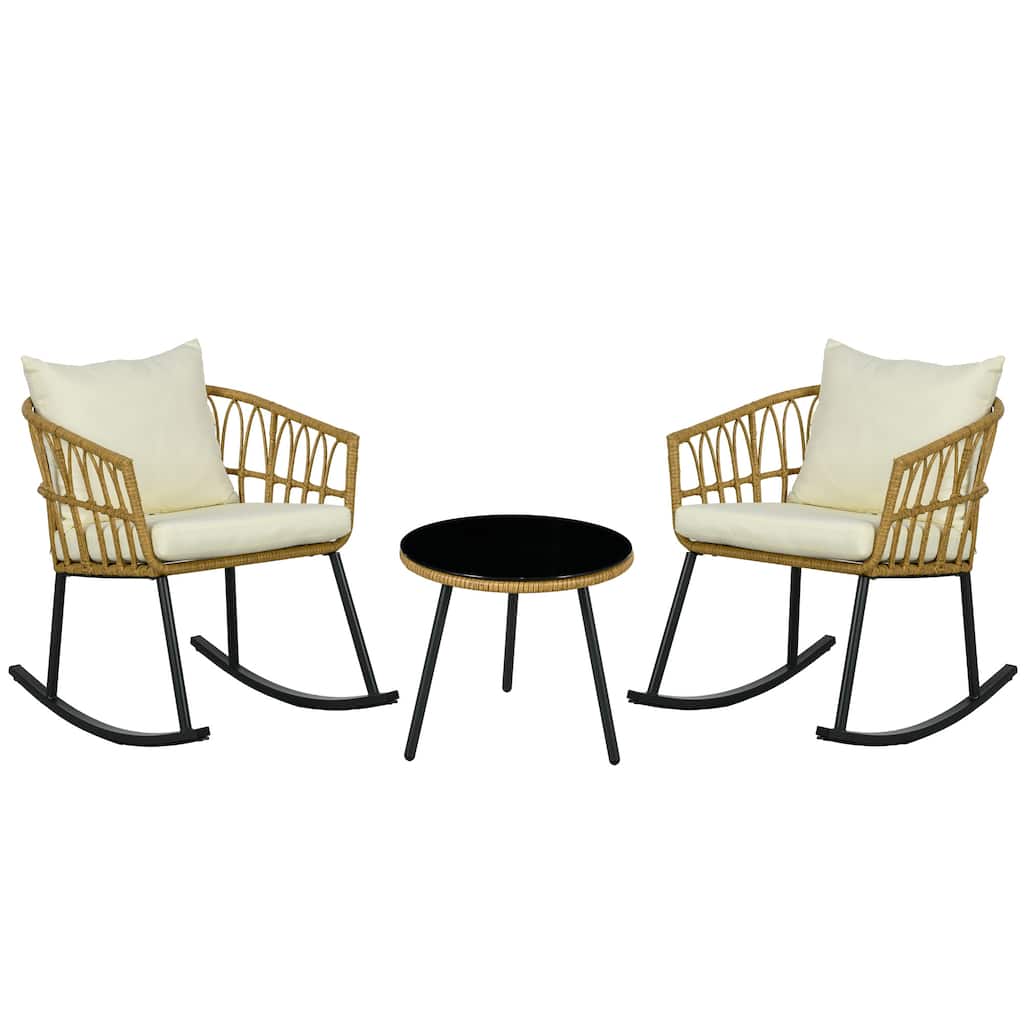 3 Piece Bistro Set with Cushions, Outdoor PE Rattan Wicker Patio Rocking Chair with 2 Porch Rocker Chairs, Glass Top Cof