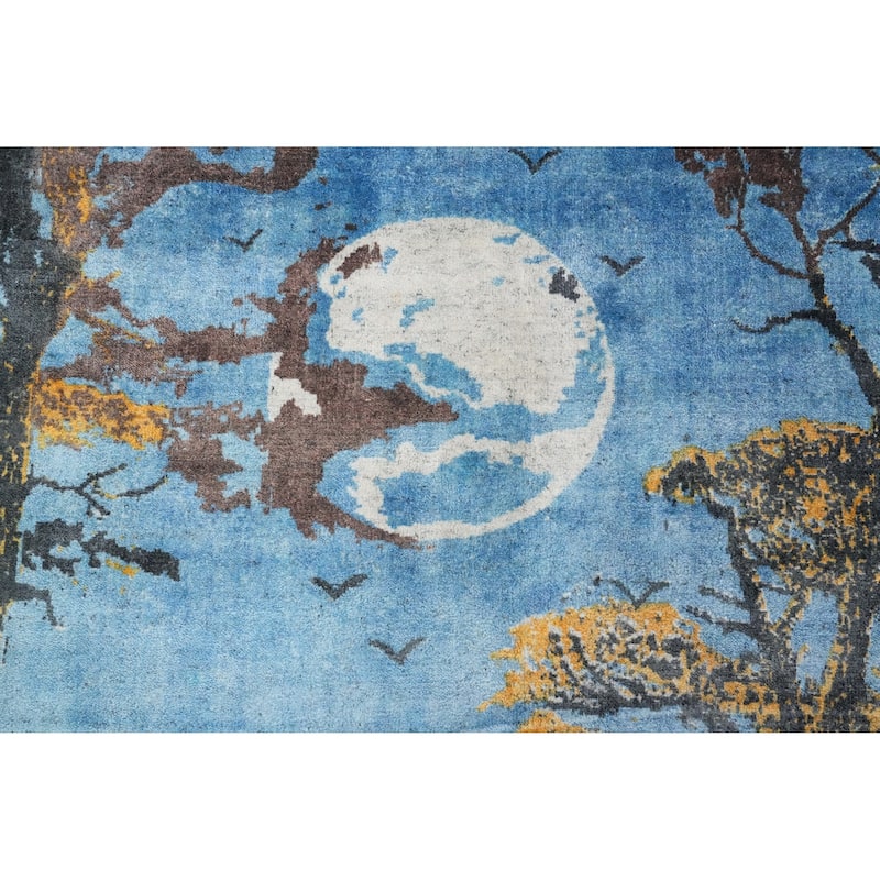 Hand Knotted Oriental Viscose Silk Carpet Modern Pictorial Navy Blue & Blues Abstract Area Rug - 7' 8'' X 5' 8''