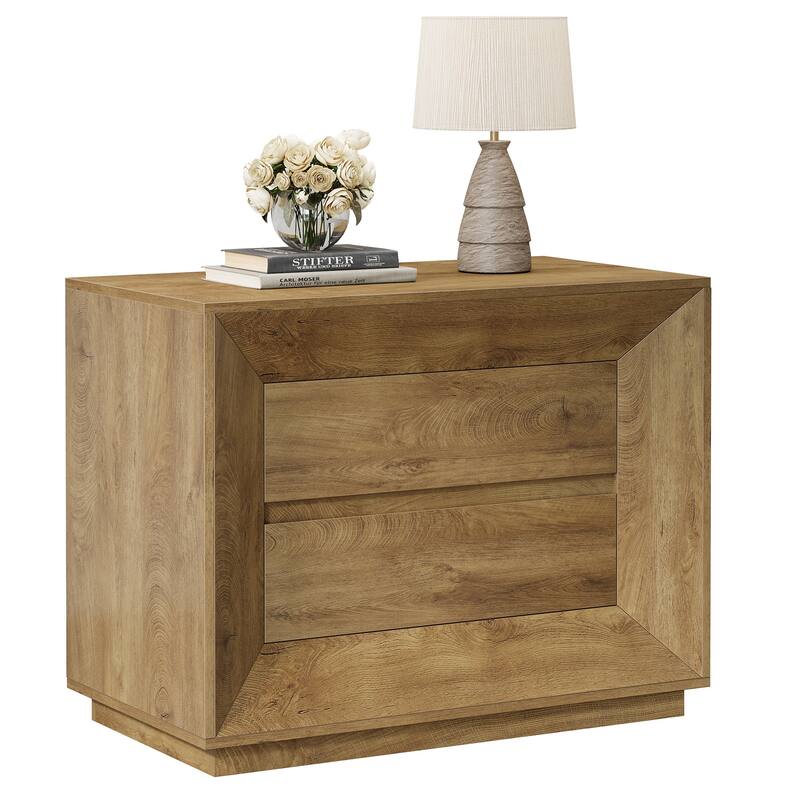 35.4" W Nightstand, Oak Large Night Stand with 2 Drawers