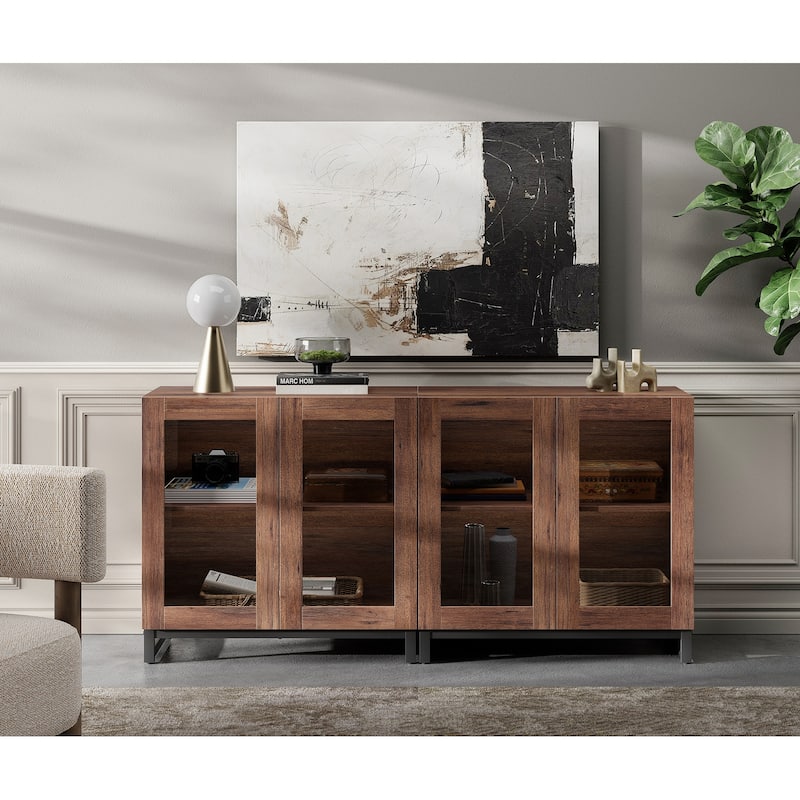 WAMPAT Modern TV Stand with Glass Doors for 110 inch TVs, Entertainment Center Console with Adjustable Shelves and Metal Base