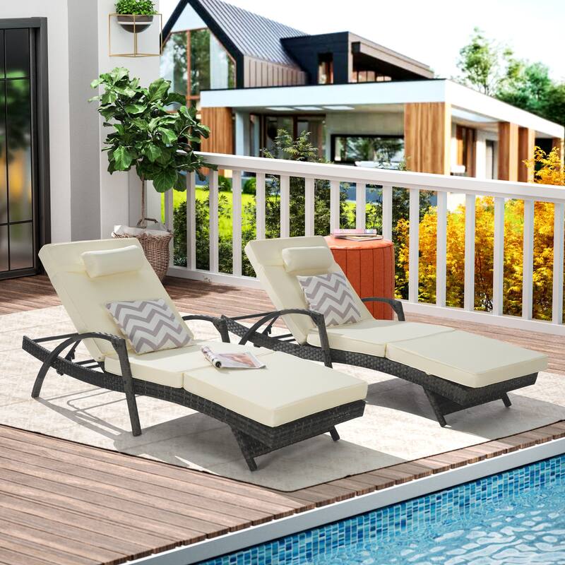 Wicker Curved Lounge Chair Set of 2, Outdoor Reclining Chairs with Cushions & 5 Adjustable Reclining Angles - Beige