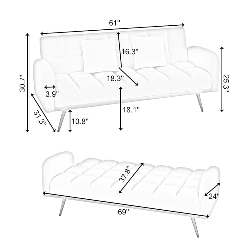 Futon Sleeper Sofa Bed Teddy Fabric Lounge Couch with 3 Speed Adjustable Back, Removable Armrest and Pillows for Small Space