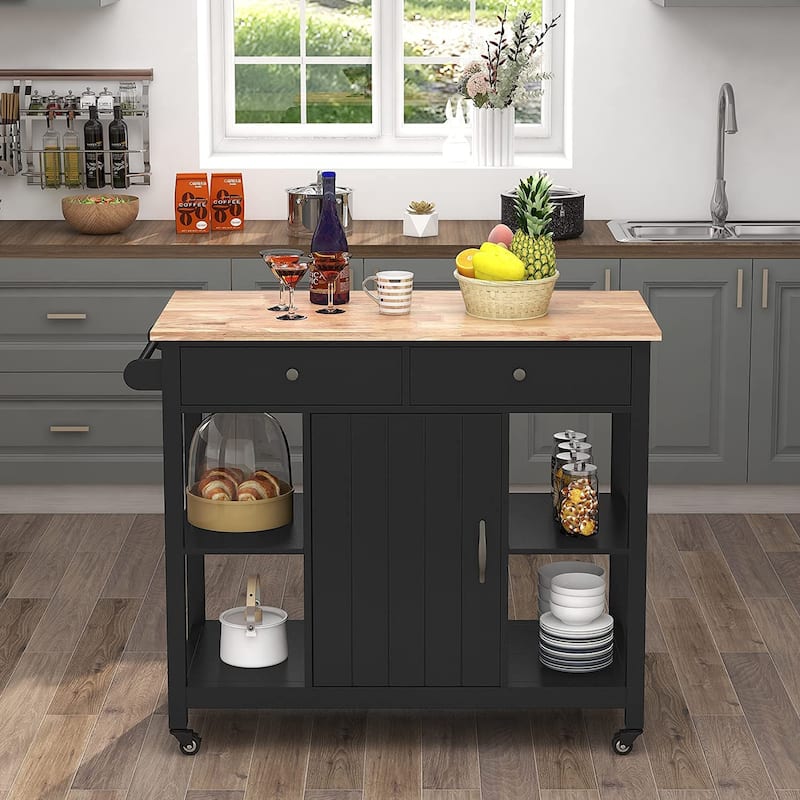 Kitchen Island with Wood Top, Kitchen Cabinet with Adjustable Shelves, Kitchen Cart with Locking Wheels