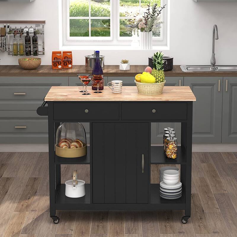 Modern Kitchen Island with Locking Wheels, Rubber Wood Top, 2 Drawers, Cupboard and Towel Rack, for Kitchen - Black