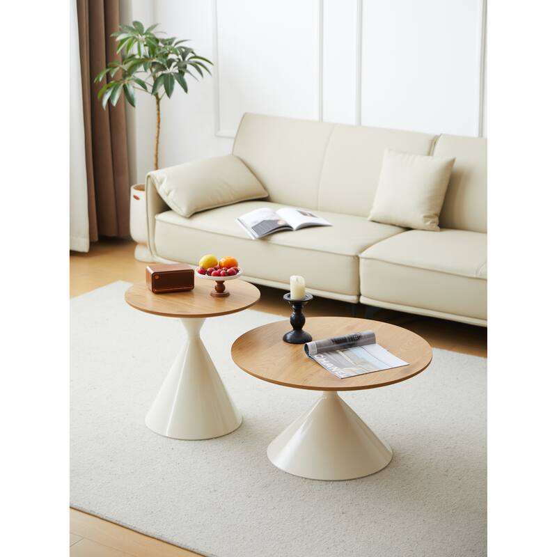 Set of 2 Round Coffee and Side Tables MDF Top Metal Double Cone Base - Brown white