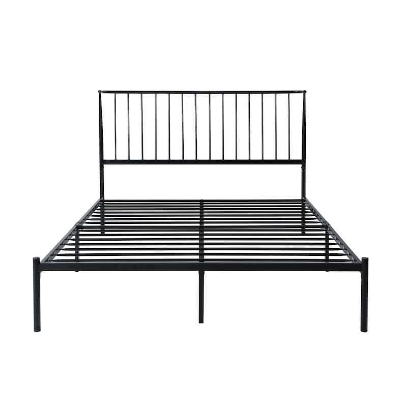 Angie Queen Bed, Platform Foundation, Slatted Headboard, Black Metal Frame