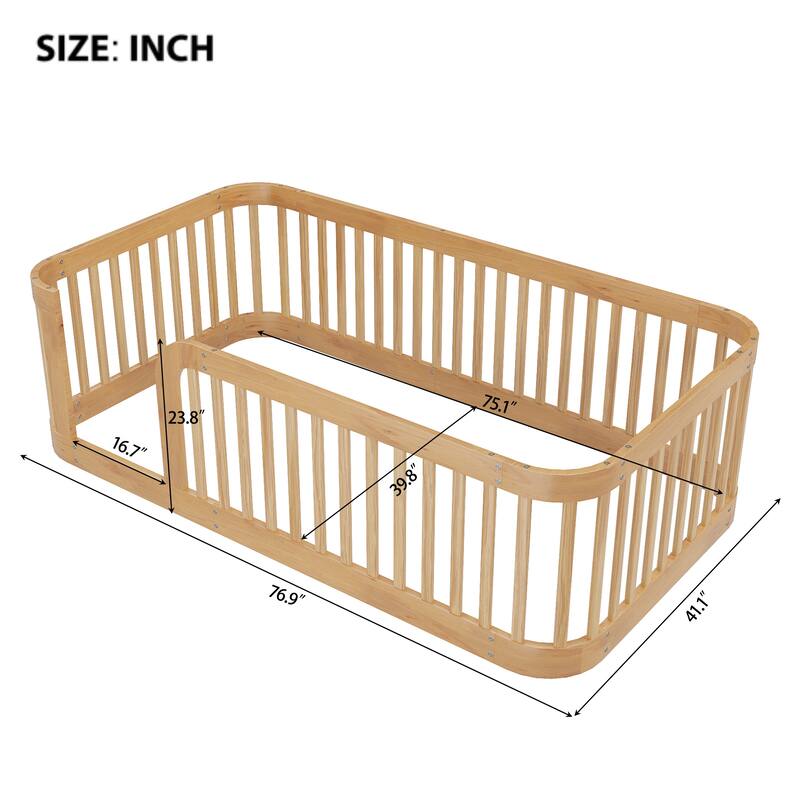 Wood Twin Size Wood Floor Bed Frame with Fence