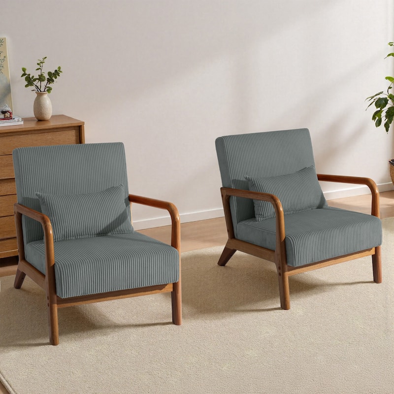 25" W Mid Century Upholstered Wood Accent Chair with Pillow set of 2 - Dark Wood - Grey