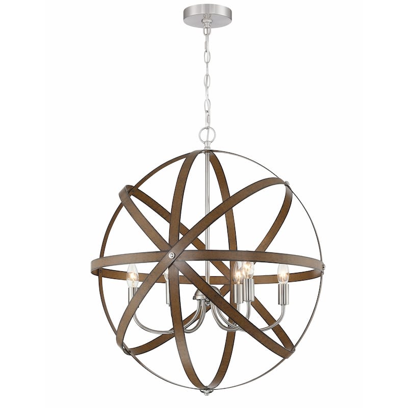 6-Light Barnwood And Brushed Nickle Pendant Lighting - 23.84"x23.84"x26.54"