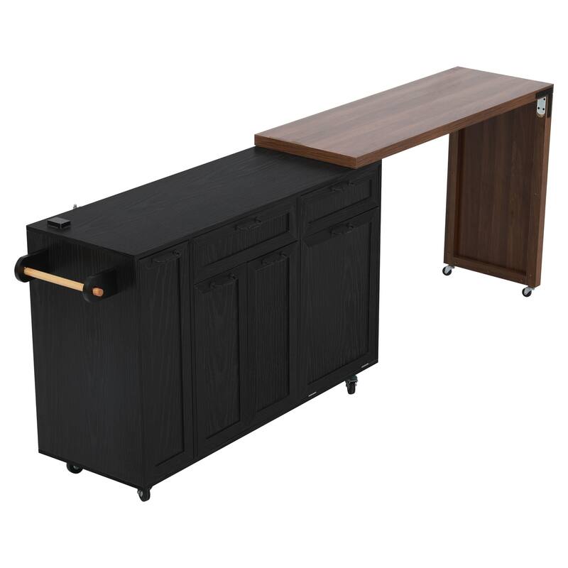 102.3" Kitchen Island with Extendable Table, Kitchen Rolling Island Cart with Trash Storage Cabinet, 3-Tier Pull-Out Spice Rack