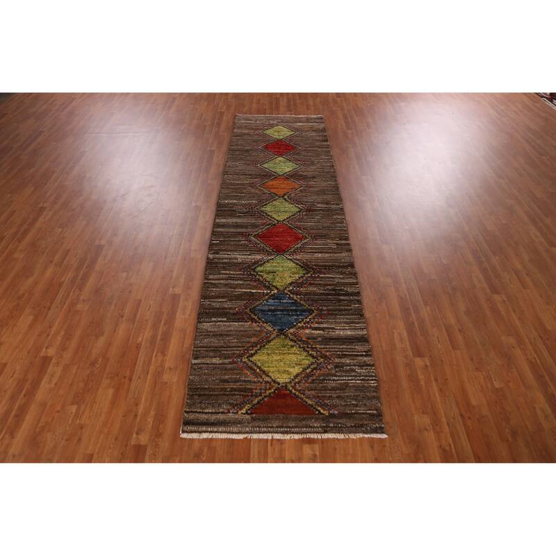 Geometric Moroccan Oriental Runner Rug Hand-Knotted Wool Carpet - 3'6" x 12'6"