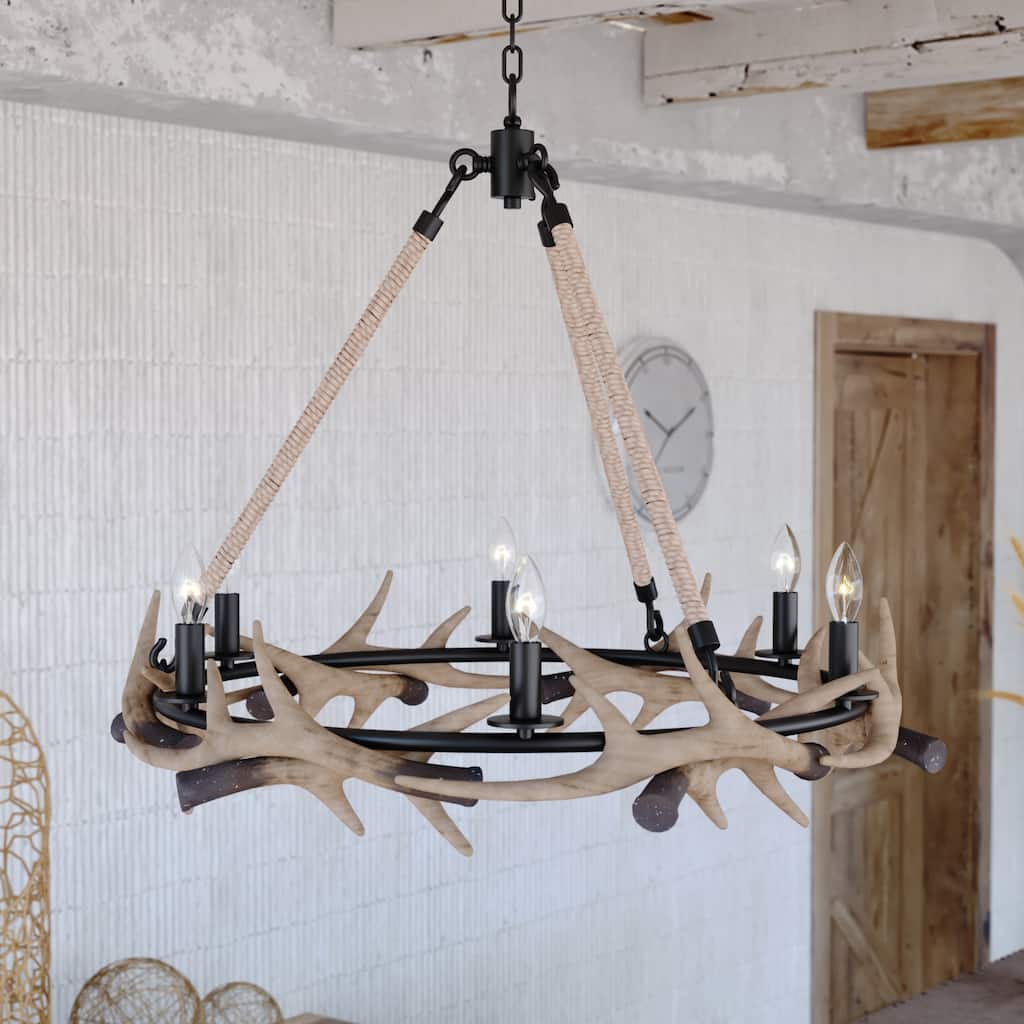 Breckenridge Bronze Rustic Antler Chandelier Natural Rope Accent