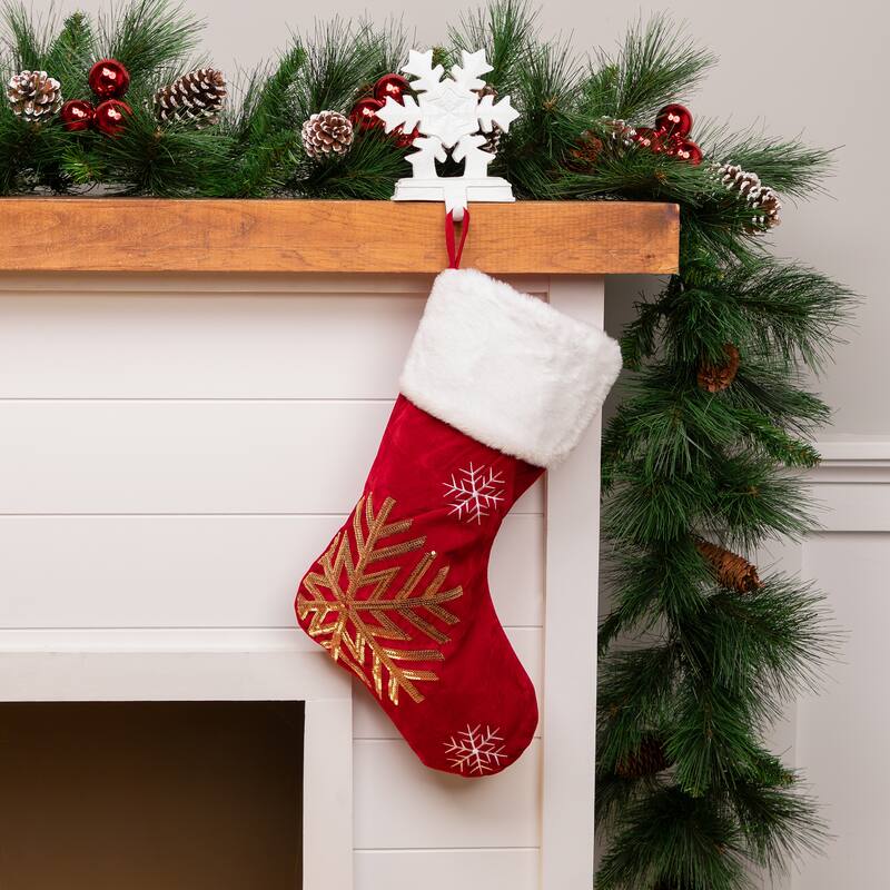 Reindeer and Snowflake Sequin Christmas Stockings - 20" - Red and White - Set of 2