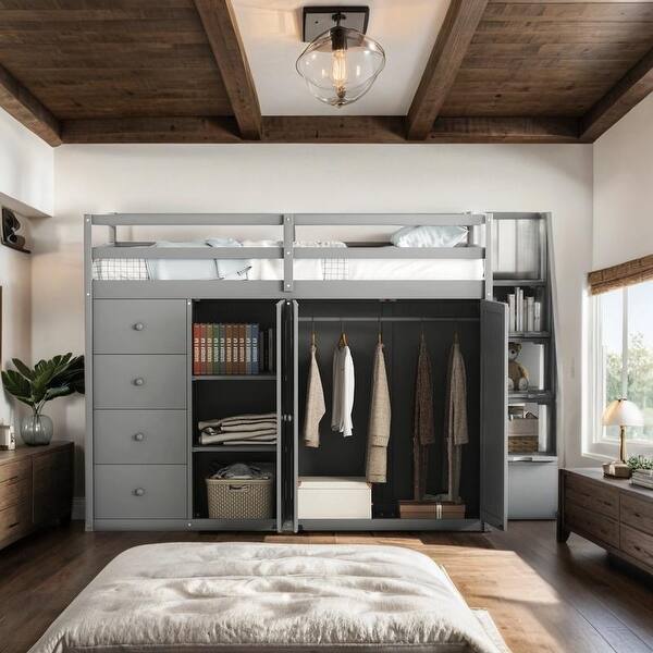 slide 2 of 40, Full Size Wood Loft Bed With Wardrobes, Cabinets and Drawers, Gray Grey