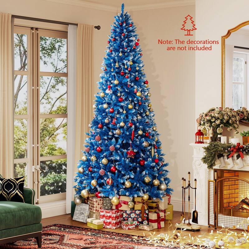 Gymax Pre-Lit Artificial Christmas Tree Blue Hinged Xmas Tree w/