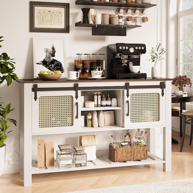 AECOJOY Buffet Cabinet, Coffee Bar Storage Cabinet, 46'' Coffee Bar Table with Rattan Sliding Barn Door, Adjustable Shelves