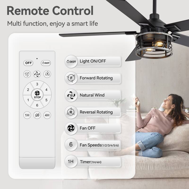 52-inch Reversible 5-Blade Caged Ceiling Fan with Light and Remote