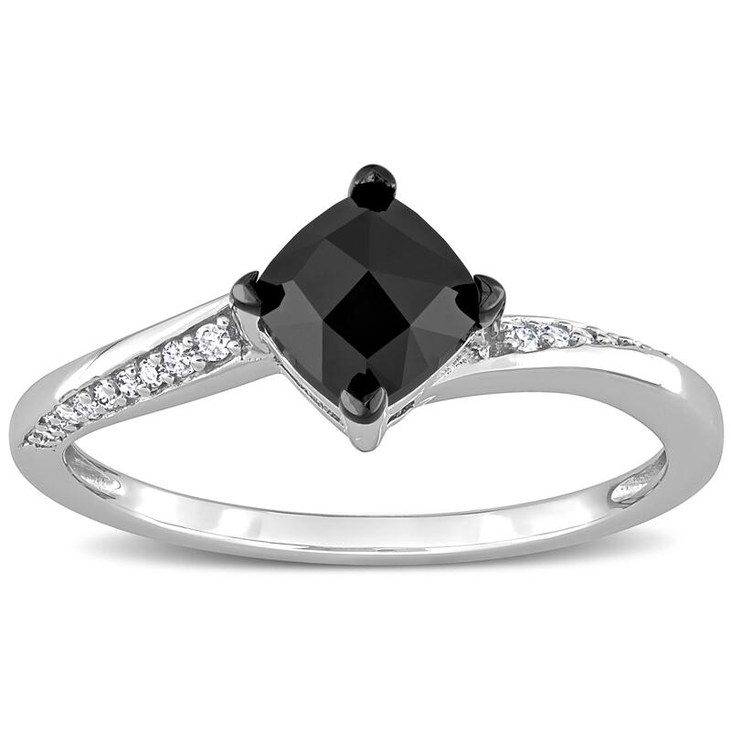 Miadora 1ct TDW Cushion-cut Black & White Diamond Bypass Engagement Ring in 10k White Gold