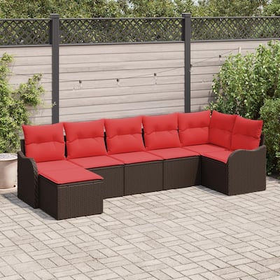 vidaXL 7/8 Garden Sofa Set with Cushions Black/Brown/Grey Wicker - 113.2 x 48.2 x 27.2