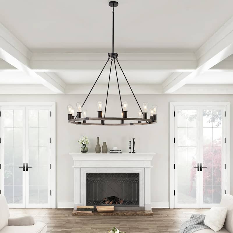 Industrial Black 12-Light Wagon Wheel Farmhouse Chandlier Fixture