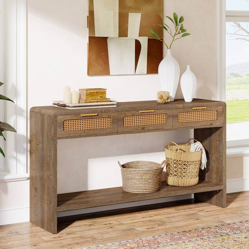 2-tier Entryway Table with Drawers, Console Sofa Table for Living Room - 13.78" D x 55.12" W x 32.68" H
