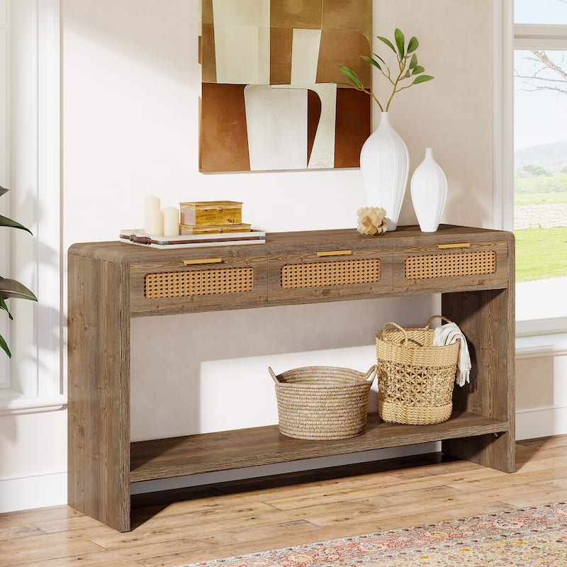 55" Narrow Console Sofa Table with 3 Rattan Drawers and 2-tier Storage Shelf - 13.78" D x 55.12" W x 32.68" H