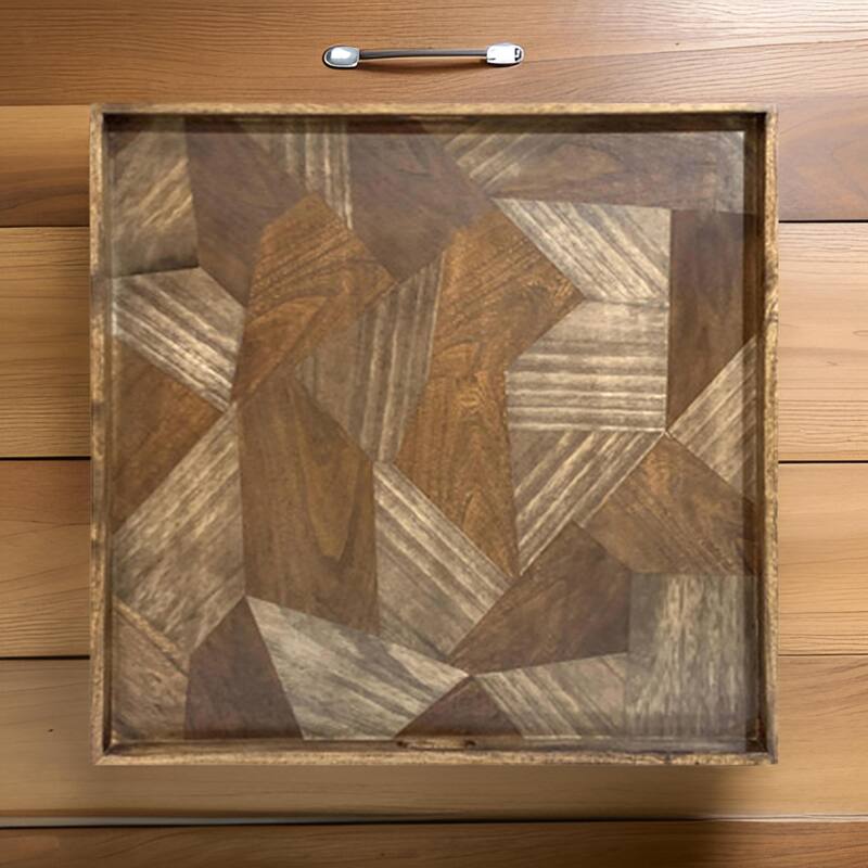 Hely Decorative Wood Tray, 27 Inch Square, Geometric Pattern, Brown Beige