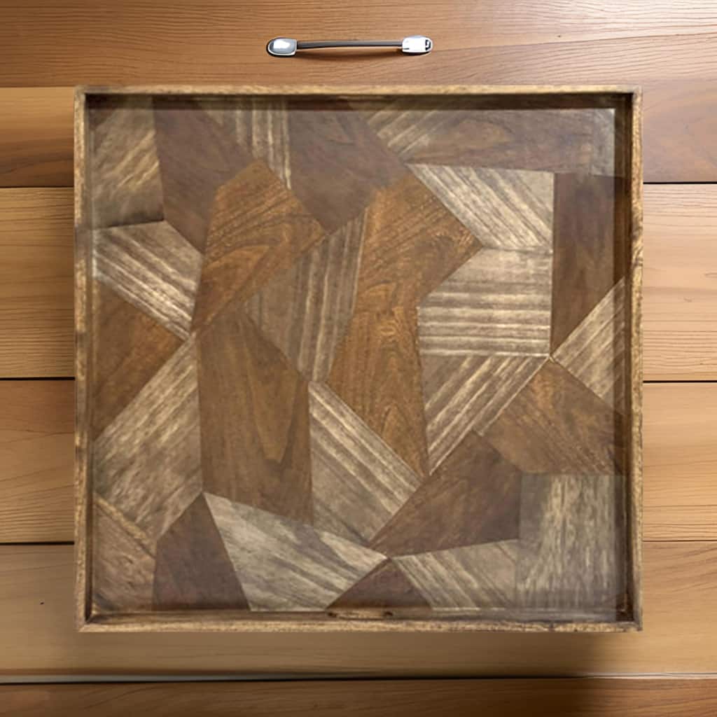Hely Decorative Wood Tray, 27 Inch Square, Geometric Pattern, Brown Beige