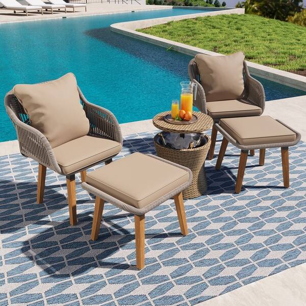 slide 2 of 20, 5 Pieces Patio Furniture Chair Sets, Patio Conversation Set With Wicker Cool Bar Table,Ottomans,Outdoor Furniture Bistro Sets Brown