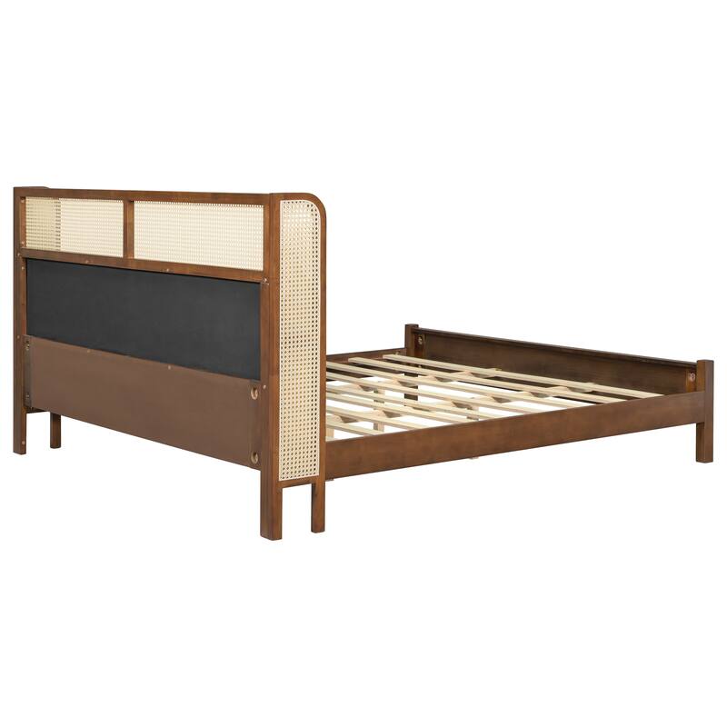 Christopher Knight Home - Mid-Century Upholstered Wood Low-Profile Platform Bed with Rattan Weaving Headboard