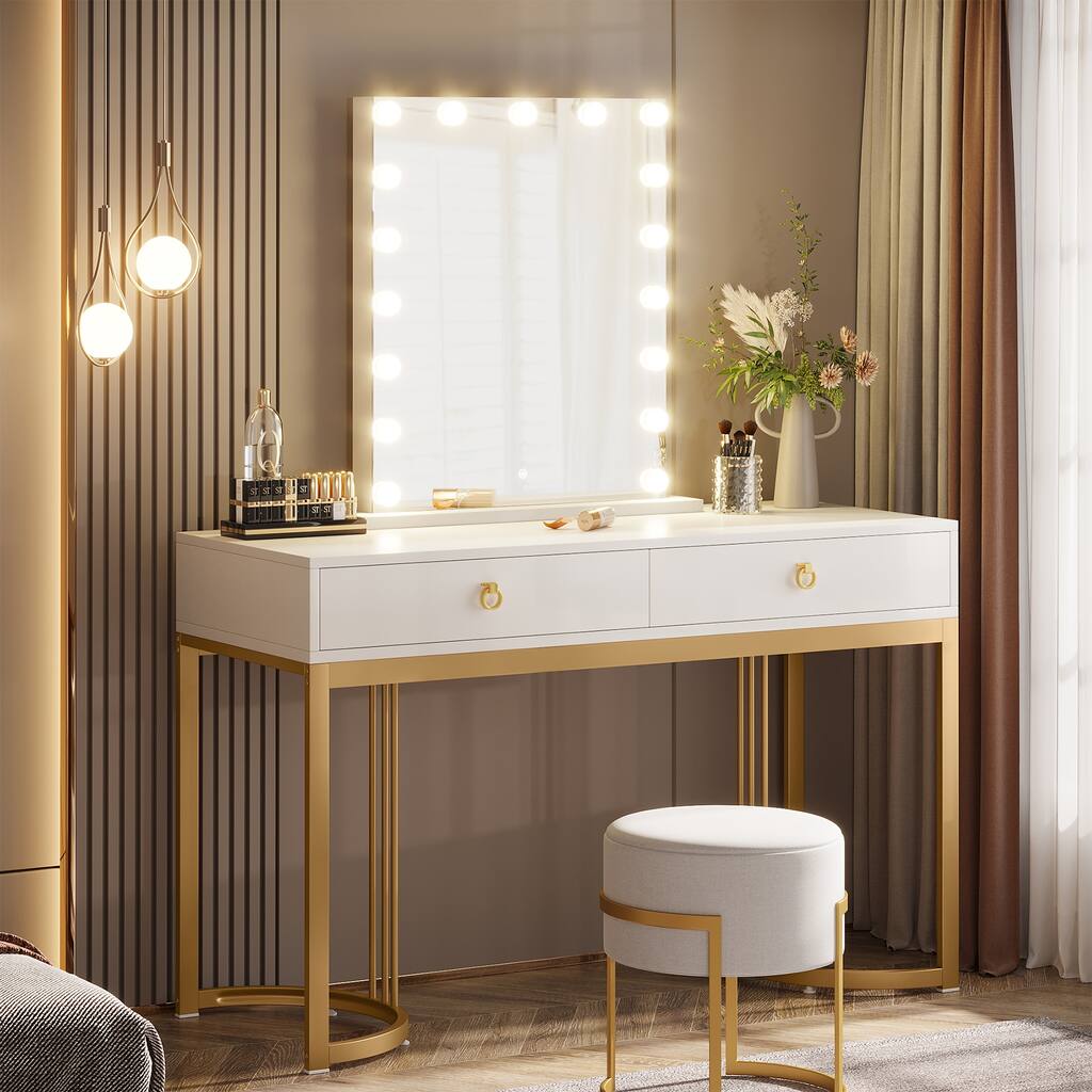 Vanity Desk with Lighted Mirror, 47 inches Makeup Table with Lights and 2 Drawers